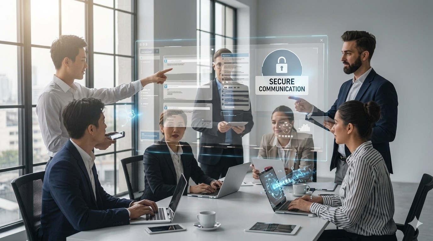 Equipo empresarial con soluciones tecnológicas